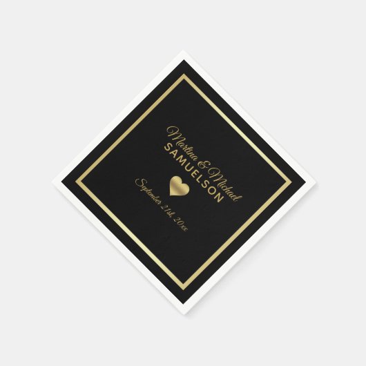 Personalisierte Schwarz-Gold-Herz-Rahmen-Hochzeit Serviette (Ecke)