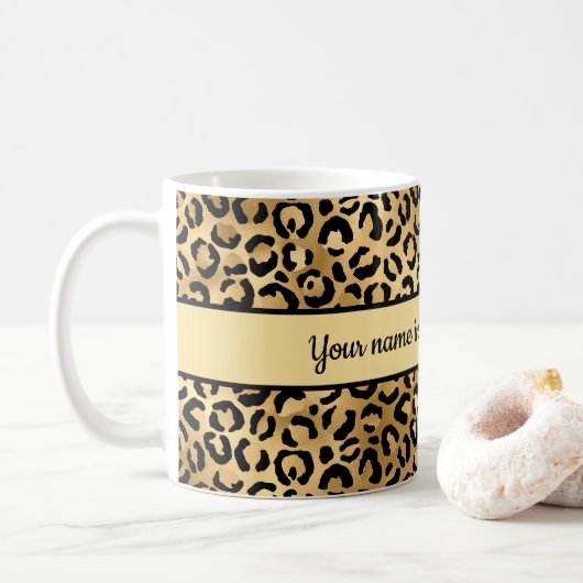 Personalisierte Schwarz-Gold-Leopard-PrintCheetah Kaffeetasse (Mit Donut)