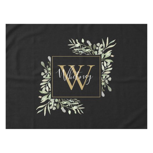 Personalisierte Schwarz-Gold-Monogramm-Grünflächen Tischdecke (Vorderseite (Horizontal))