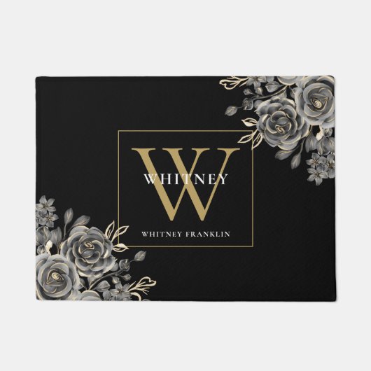 Personalisierte Schwarz-Gold-Monogramm-Rose Fußmatte (Vorderseite)