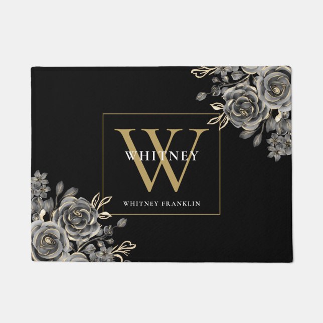 Personalisierte Schwarz-Gold-Monogramm-Rose Fußmatte (Vorderseite)