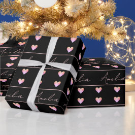 Personalisierte Schwarz-Rosa-Herzen Geschenkpapier