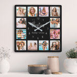Personalisierte Schwarz-Silber-Freundschaft Quadratische Wanduhr<br><div class="desc">Machen Sie diese trendige,  elegante Schwarz-Silber-Foto-Collage Wanduhr einzigartig mit 12 Ihrer Lieblings-Fotos mit Ihrem besten Freund(en). Das Design verfügt auch über ein modernes,  handgeschriebenes "Besties" Skript und Ihre Namen.</div>