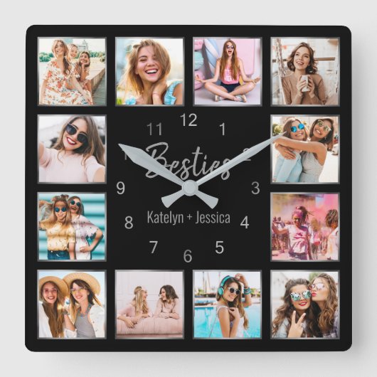 Personalisierte Schwarz-Silber-Freundschaft Quadratische Wanduhr (Vorderseite)
