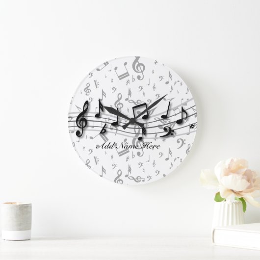 Personalisierte Schwarz- und Graumusikalische Note Große Wanduhr (Zuhause)
