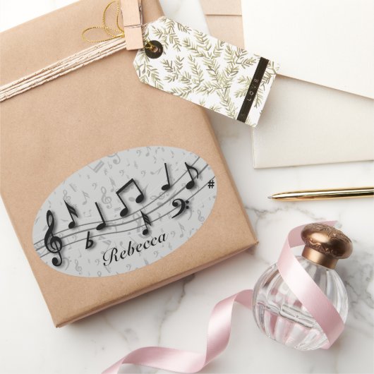 Personalisierte Schwarz- und Graumusikalische Note Ovaler Aufkleber (Schenken)