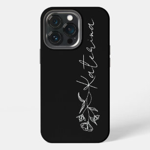 Personalisierte Schwarz-Weiß-Blumen-Name iPhone 13 Pro Hülle