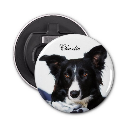 Personalisierte Schwarz-Weiß-Border-Collie Flaschenöffner (Vorderseite)
