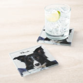 Personalisierte Schwarz-Weiß-Border-Collie Glasuntersetzer (Schrägansicht)
