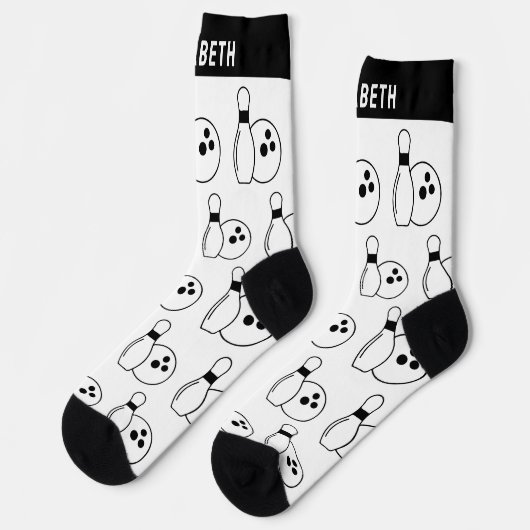 Personalisierte Schwarz/Weiß-Bowling-Socken mit Na Socken (Linkes Detail)