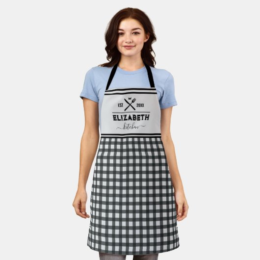 Personalisierte Schwarz-Weiß Buffalo Kariert Küche Schürze (Getragen)