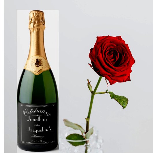 Personalisierte Schwarz-Weiß-Chic-Hochzeit Schaumweinetikett