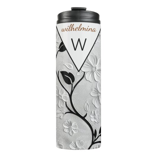 Personalisierte Schwarz-Weiß-Florals Thermosbecher (Vorderseite)