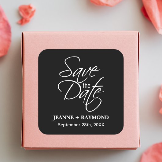 Personalisierte Schwarz-Weiß-Hochzeit speichern Si Quadratischer Aufkleber