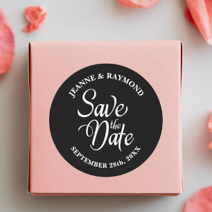 Personalisierte Schwarz-Weiß-Hochzeit speichert da Runder Aufkleber