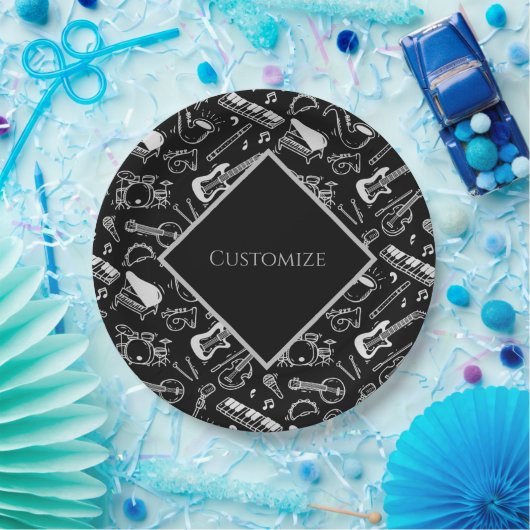Personalisierte Schwarz-Weiß-Instrumente Pappteller (Party)