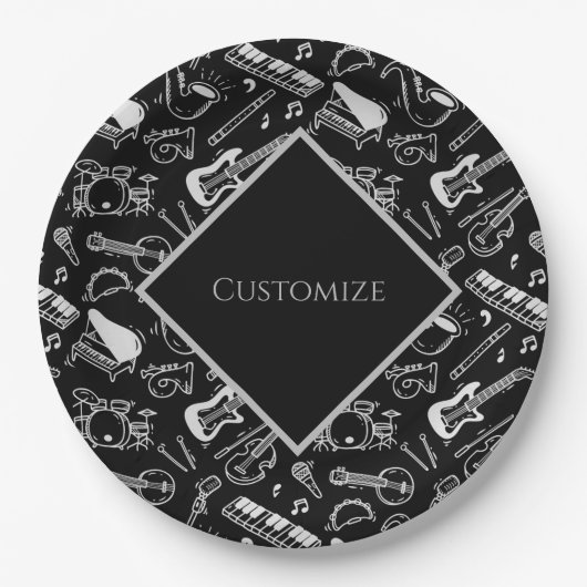 Personalisierte Schwarz-Weiß-Instrumente Pappteller (Vorderseite)