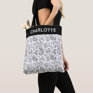 Personalisierte Schwarz-Weiß-Schul-Lehrer-Doodle Tasche