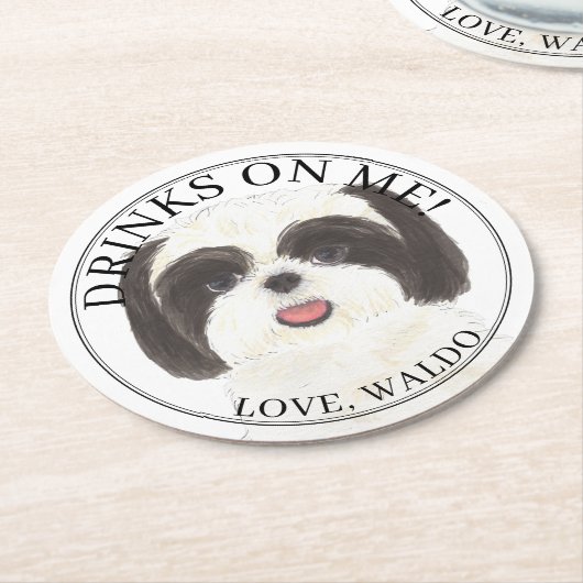 Personalisierte Schwarz-Weiß-Shih-Tzu-Hochzeit Runder Pappuntersetzer (Angewinkelt)
