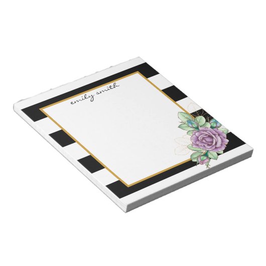 Personalisierte Schwarz-Weiß Streifen Blumennummer Notizblock (angewinkelt)