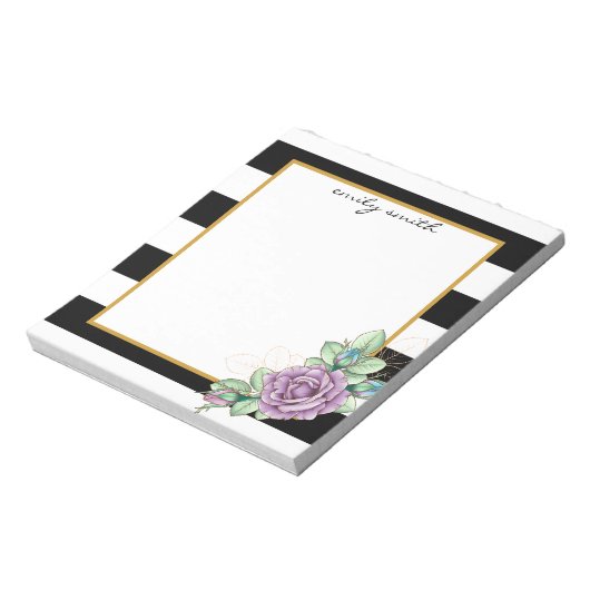 Personalisierte Schwarz-Weiß Streifen Blumennummer Notizblock (Rotiert)