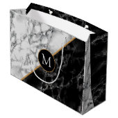 Personalisierte Schwarz-weiße Marmorverpackung Große Geschenktüte (Rückseite Schrägansicht)