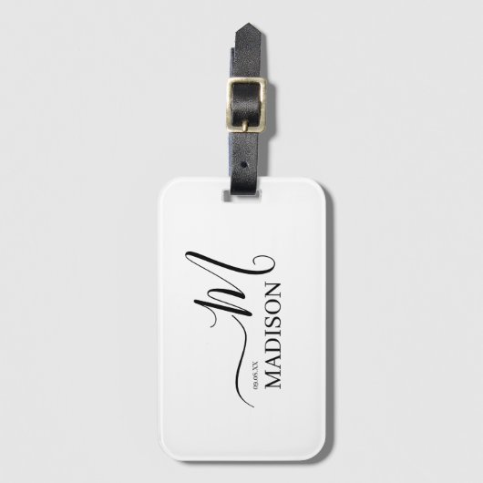 Personalisierte Schwarz-weiße Mongram Script-Hochz Gepäckanhänger (Vorderseite Vertikal)