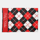 Personalisierte Schwarz-weiße Raute Kariert Geschirrtuch (Horizontal)