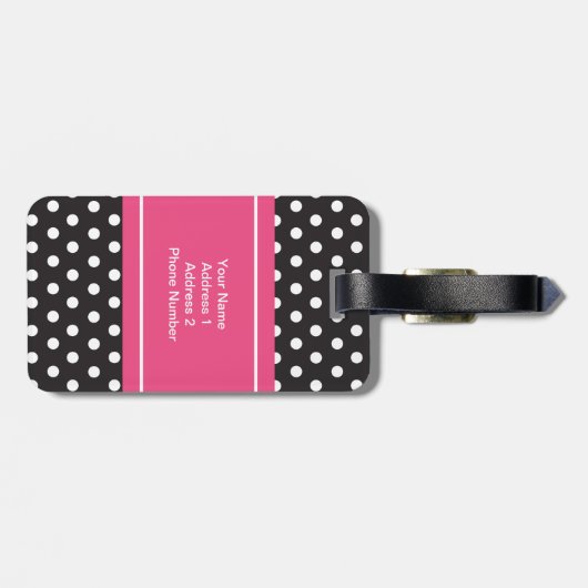 Personalisierte Schwarz-weiße rosa Polka-Punkte Gepäckanhänger (Rückseite horizontal)