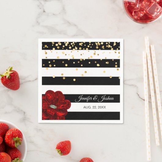 Personalisierte Schwarz-weiße Rote Rosen Goldhochz Serviette (Beispiel)