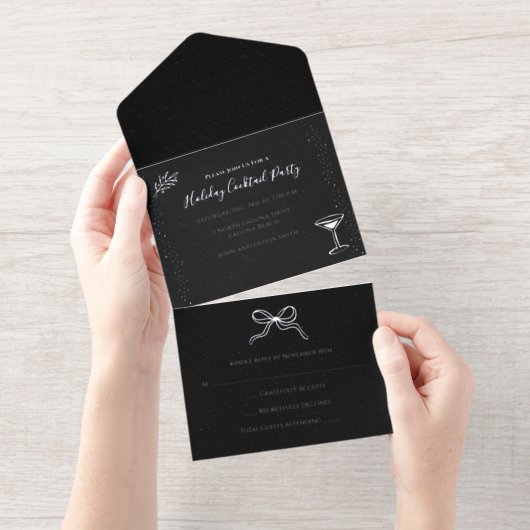 Personalisierte Schwarz-weiße Silver Holiday Party All-in-One-Einladung (Abreißstreifen)
