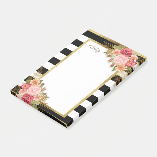 Personalisierte Schwarz-weiße Streifen Rosa golden Post-it Klebezettel (angewinkelt)