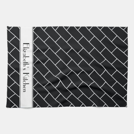 Personalisierte Schwarz-weiße U-Bahn-Fliese Geschirrtuch (Horizontal)