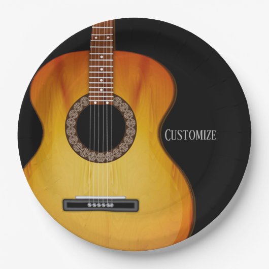 Personalisierte schwarze Akustikgitarre Pappteller (Vorderseite)