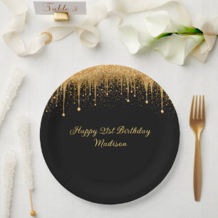 Personalisierte schwarze Gold tropfende Glitter-Ge Pappteller