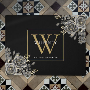 Personalisierte schwarze goldene Monogramm-Blumenr Fußmatte