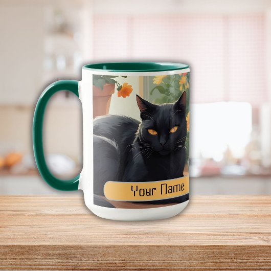 Personalisierte Schwarze Katze mit getöpften Blume Tasse