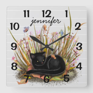 Personalisierte Schwarze Katze-Schmetterlinge-Uhr Quadratische Wanduhr