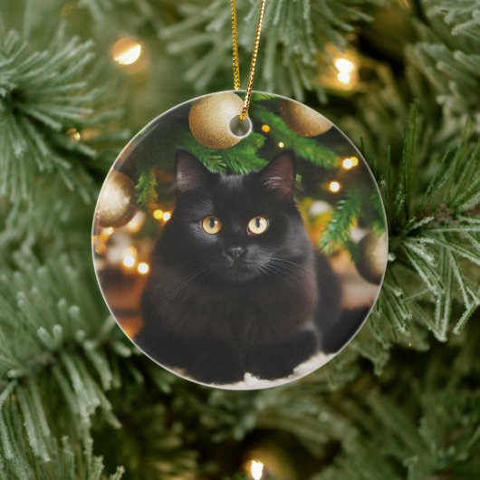 Personalisierte schwarze Katze vor Weihnachtsbaum Keramik Ornament (Baum)