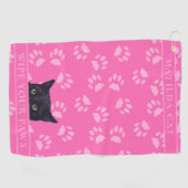 Personalisierte schwarze Katzenpaws Hot Pink Golf Golfhandtuch (Horizontal)