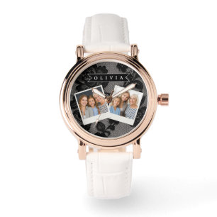 Personalisierte schwarze Spitze mit floralem elega Armbanduhr