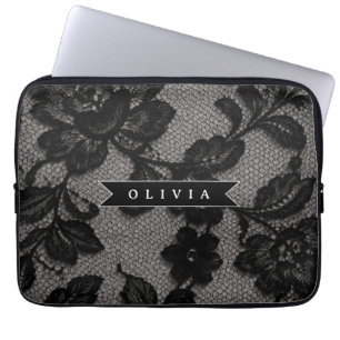 Personalisierte schwarze Spitze mit floralem elega Laptopschutzhülle