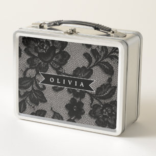 Personalisierte schwarze Spitze mit floralem elega Metall Brotdose