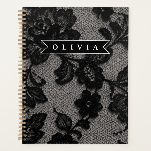 Personalisierte schwarze Spitzenblume elegantes Mo Planer (Vorderseite)