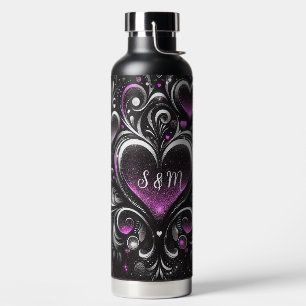Personalisierte schwarze und violette Glitzerherze Trinkflasche