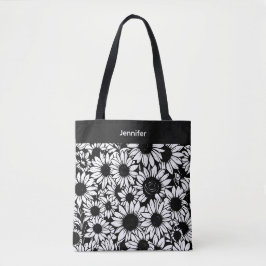 personalisierte schwarze und weiße Sonnenblumen-Tr Tasche