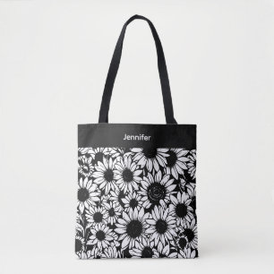 personalisierte schwarze und weiße Sonnenblumen-Tr Tasche