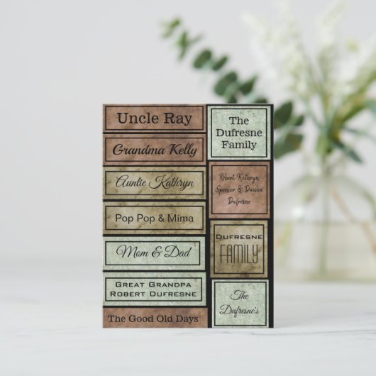 Personalisierte Scrapbook-Labels Postkarte (Stehend Vorderseite)