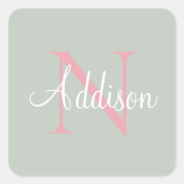 Personalisierte Seite Grünes Monogramm Pink Quadratischer Aufkleber