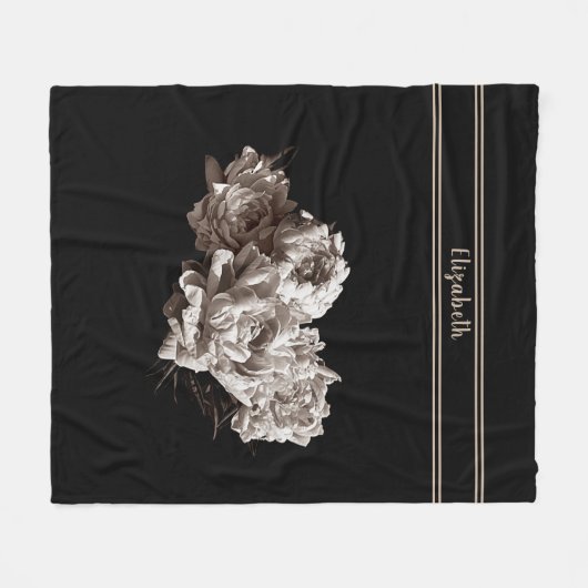 Personalisierte Sepia Peonies Schwarzes Mittelform Fleecedecke (Vorderseite (Horizontal))